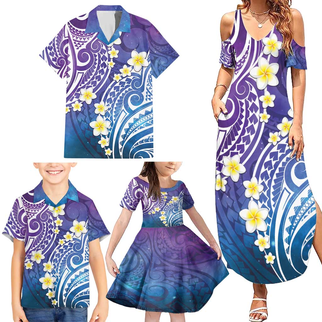 Plumeria With Galaxy Polynesian Tattoo Pattern Family Matching Summer Maxi Dress and Hawaiian Shirt LT05 - Polynesian Pride