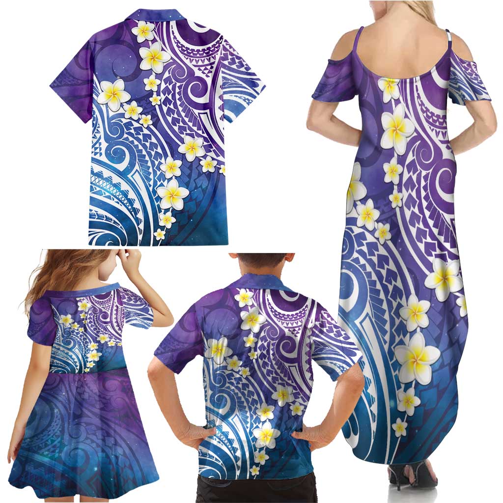 Plumeria With Galaxy Polynesian Tattoo Pattern Family Matching Summer Maxi Dress and Hawaiian Shirt LT05 - Polynesian Pride