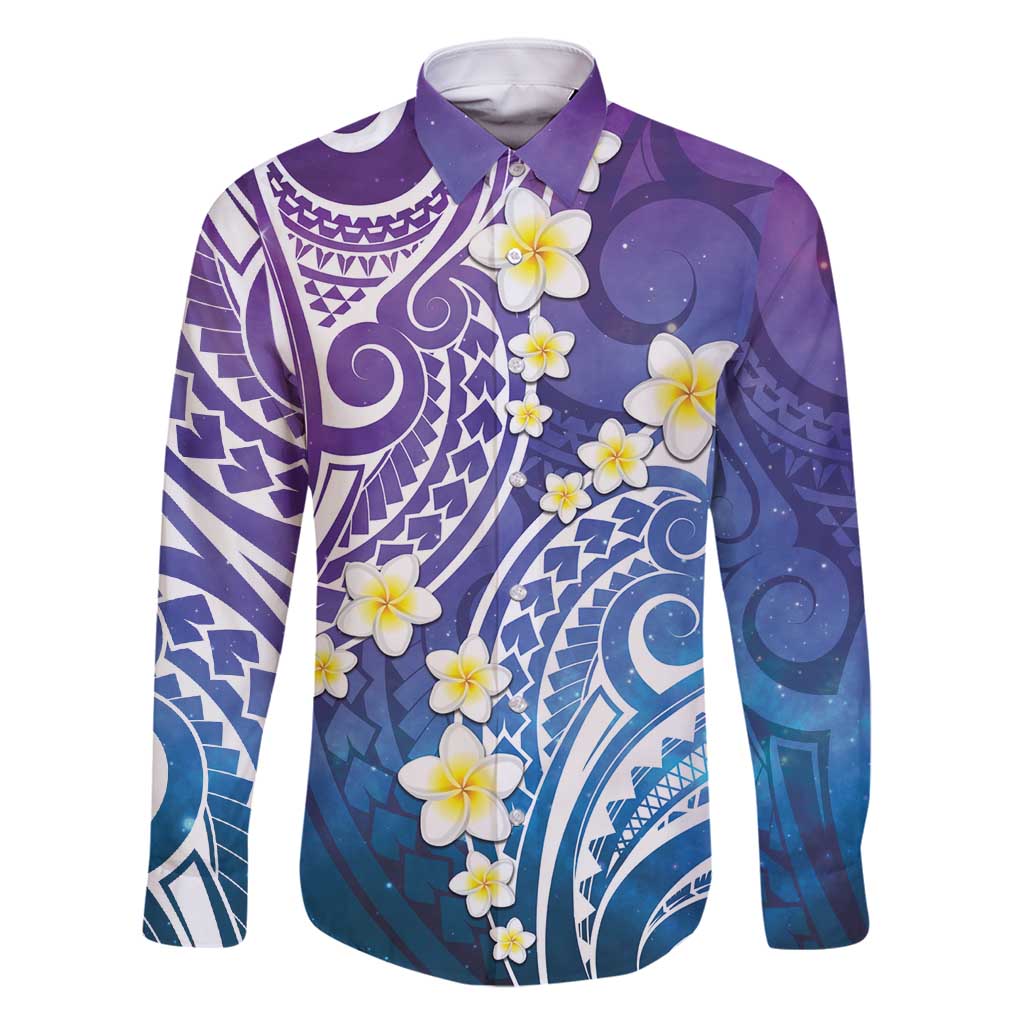 Plumeria With Galaxy Polynesian Tattoo Pattern Family Matching Summer Maxi Dress and Hawaiian Shirt LT05 Dad's Shirt - Long Sleeve Galaxy - Polynesian Pride