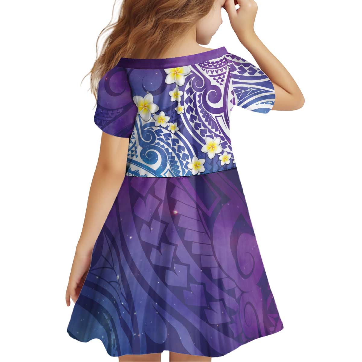 Plumeria With Galaxy Polynesian Tattoo Pattern Kid Short Sleeve Dress LT05 - Polynesian Pride