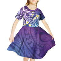 Plumeria With Galaxy Polynesian Tattoo Pattern Kid Short Sleeve Dress LT05 - Polynesian Pride