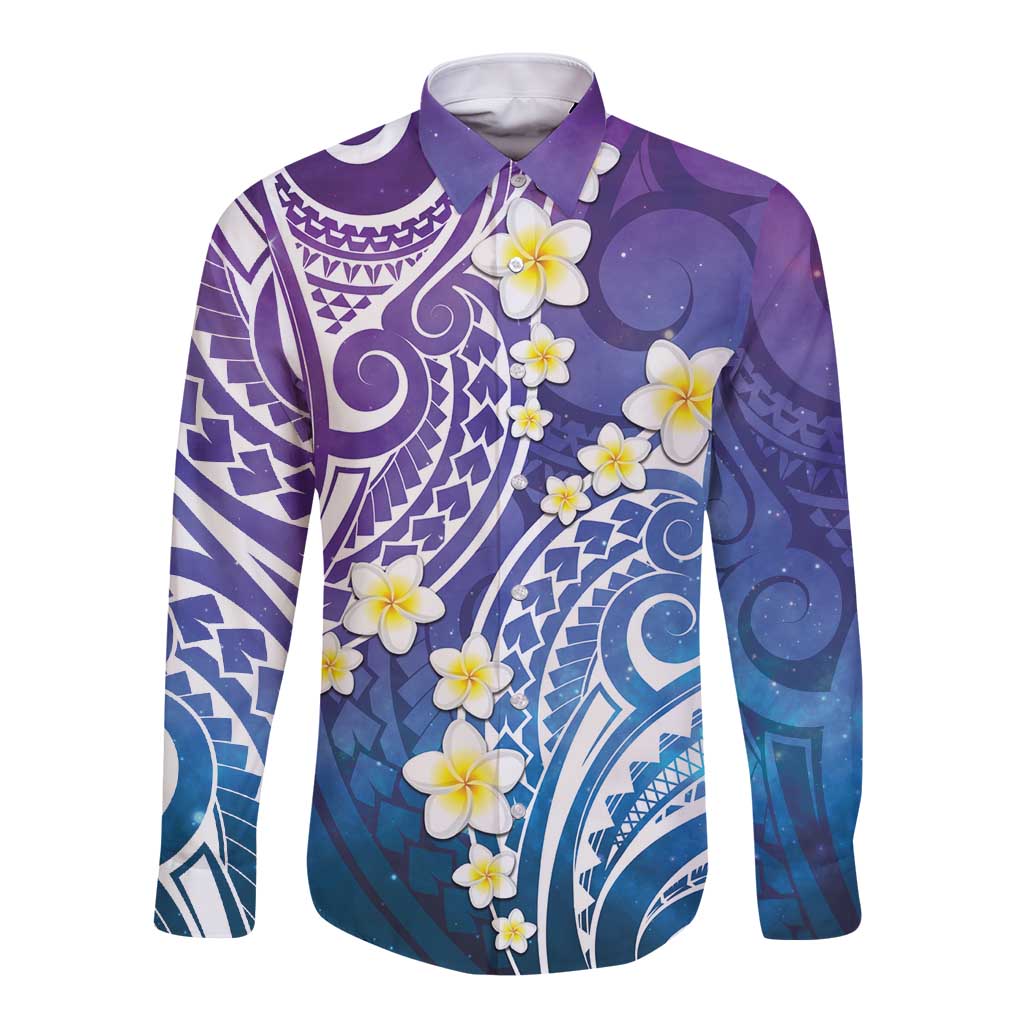 Plumeria With Galaxy Polynesian Tattoo Pattern Long Sleeve Button Shirt