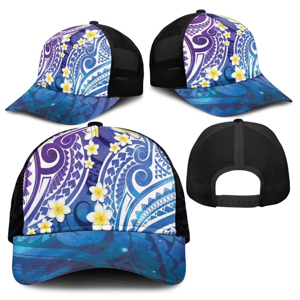 Plumeria With Galaxy Polynesian Tattoo Pattern Mesh Trucker Cap - Polynesian Pride