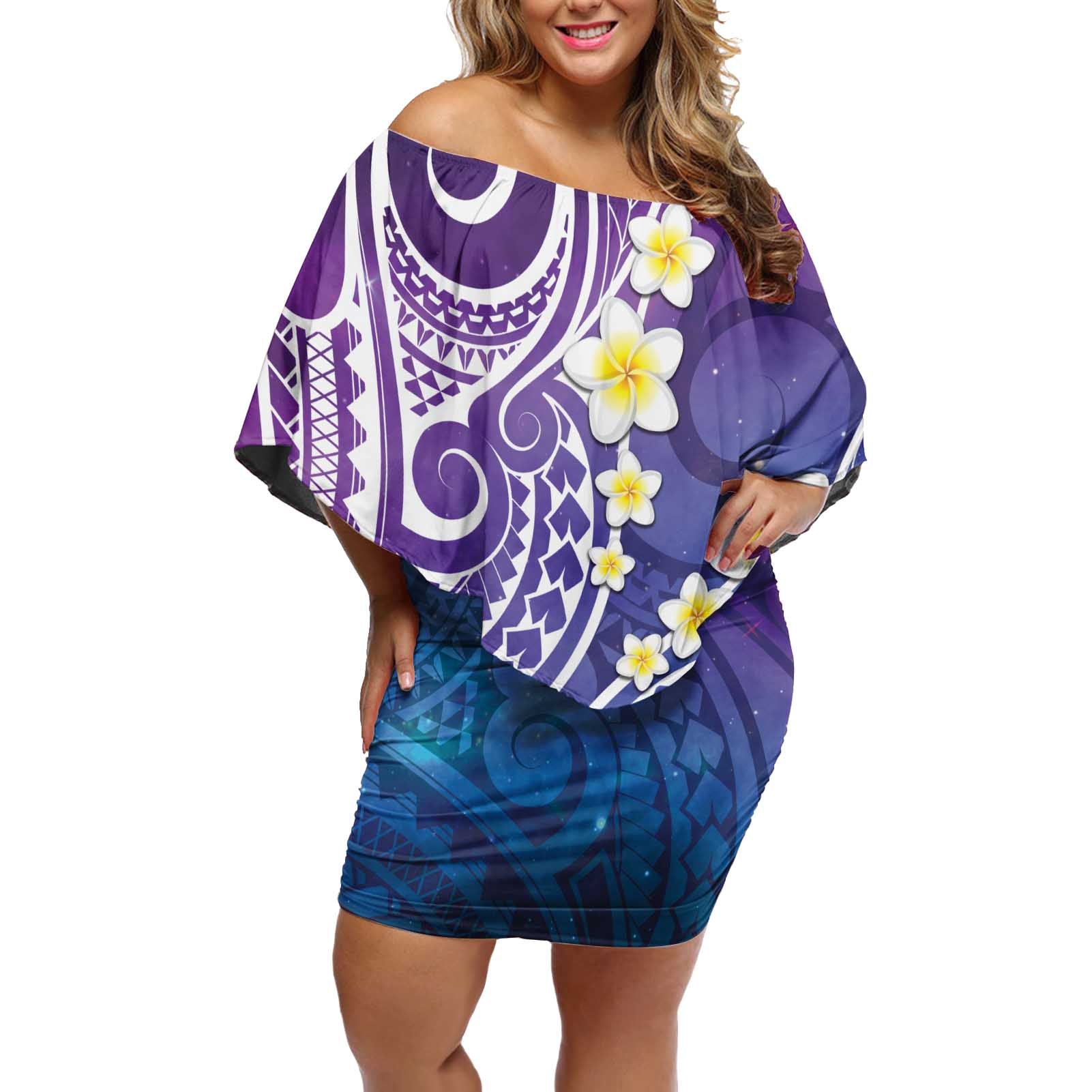 Plumeria With Galaxy Polynesian Tattoo Pattern Off Shoulder Short Dress