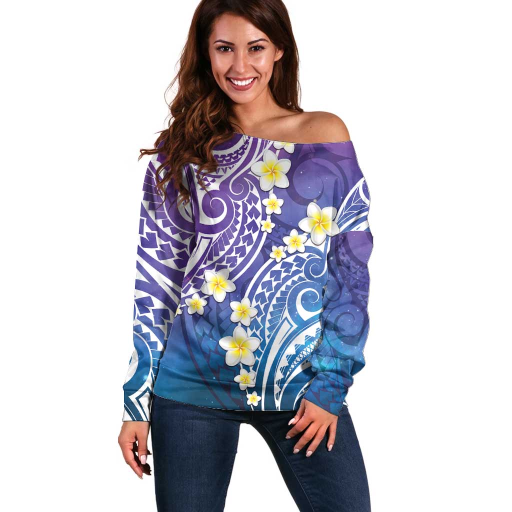 Plumeria With Galaxy Polynesian Tattoo Pattern Off Shoulder Sweater