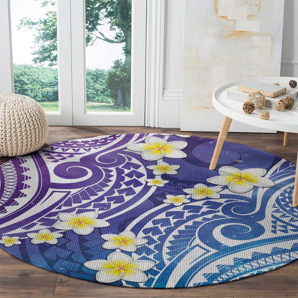 Plumeria With Galaxy Polynesian Tattoo Pattern Round Carpet