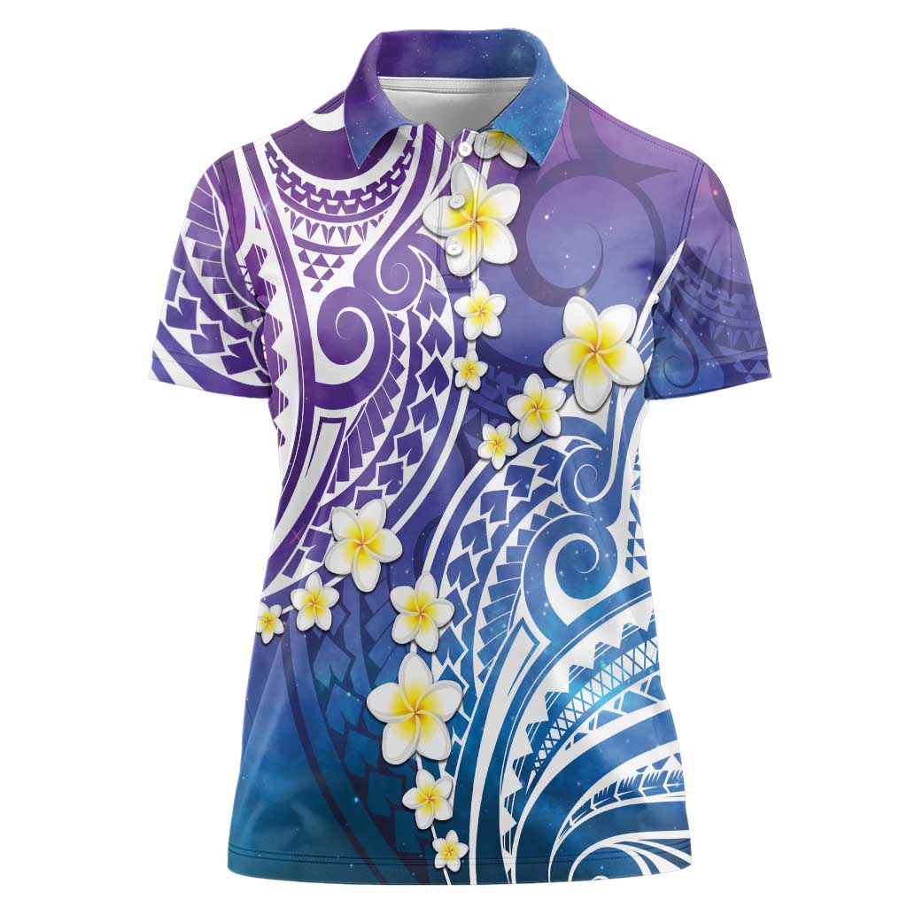 Plumeria With Galaxy Polynesian Tattoo Pattern Women Polo Shirt