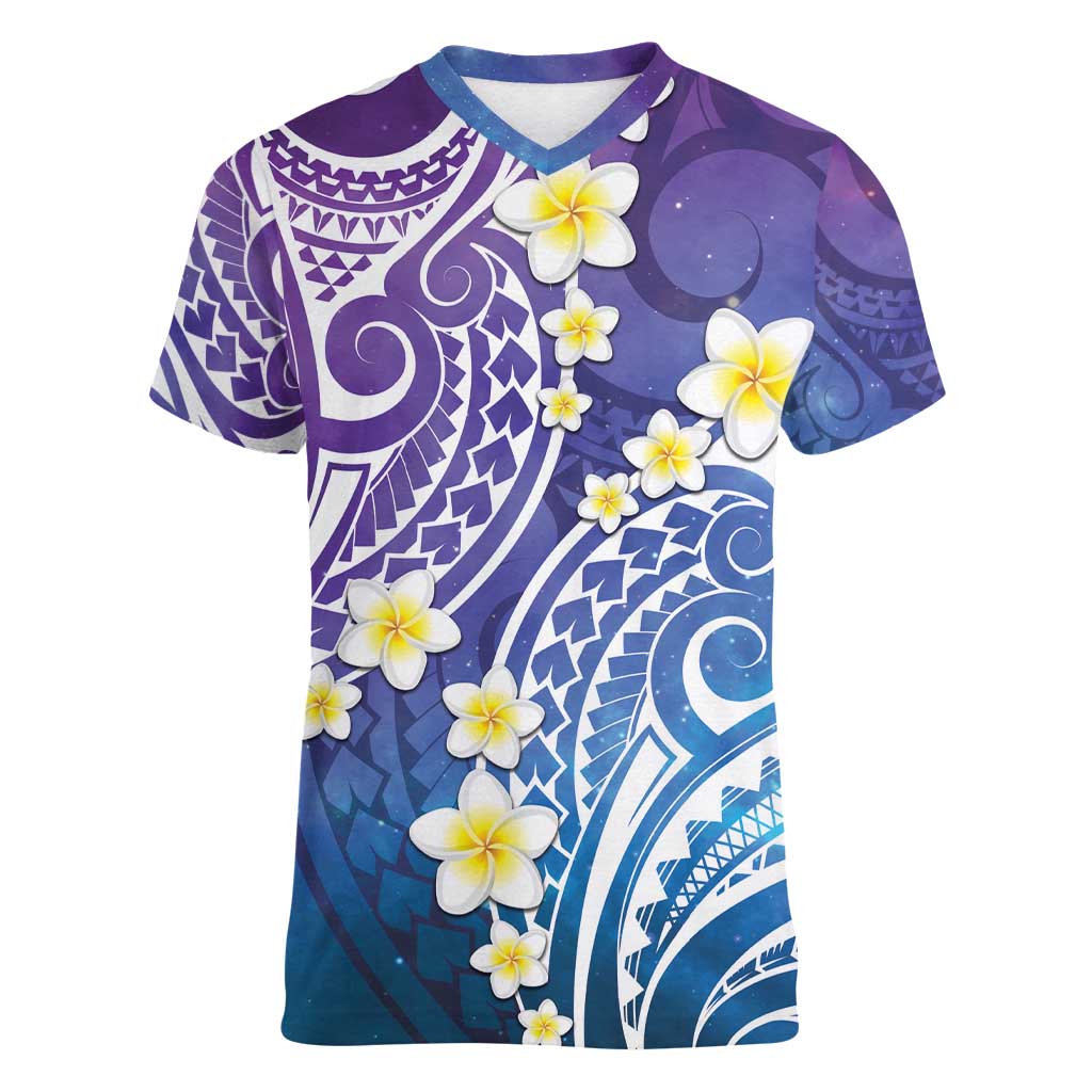 Plumeria With Galaxy Polynesian Tattoo Pattern Women V-Neck T-Shirt LT05 Female Galaxy - Polynesian Pride