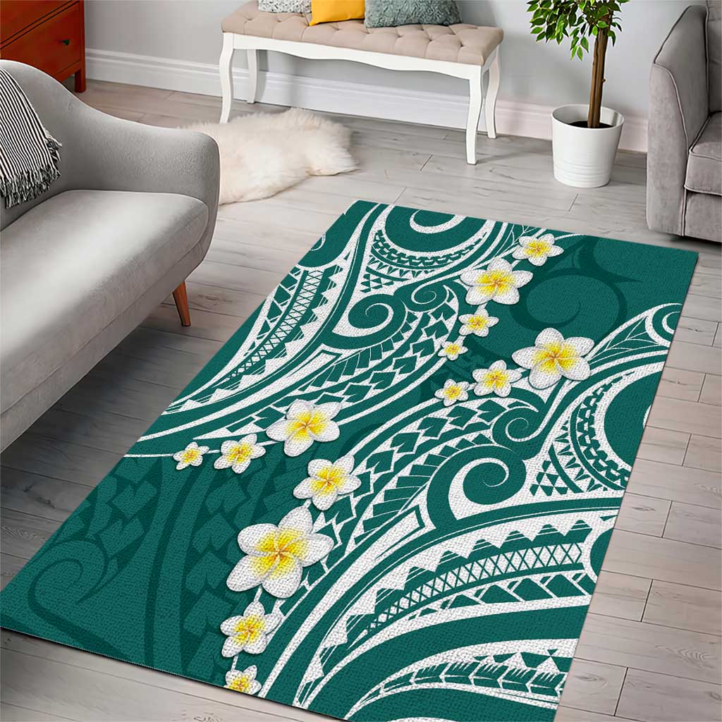 Plumeria With Teal Polynesian Tattoo Pattern Area Rug