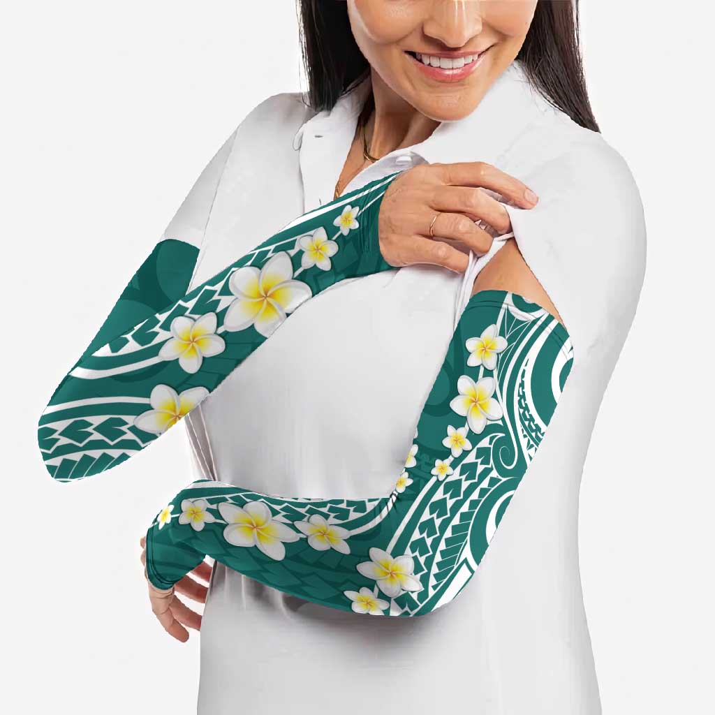 Plumeria With Teal Polynesian Tattoo Pattern Arm Sleeves - Polynesian Pride