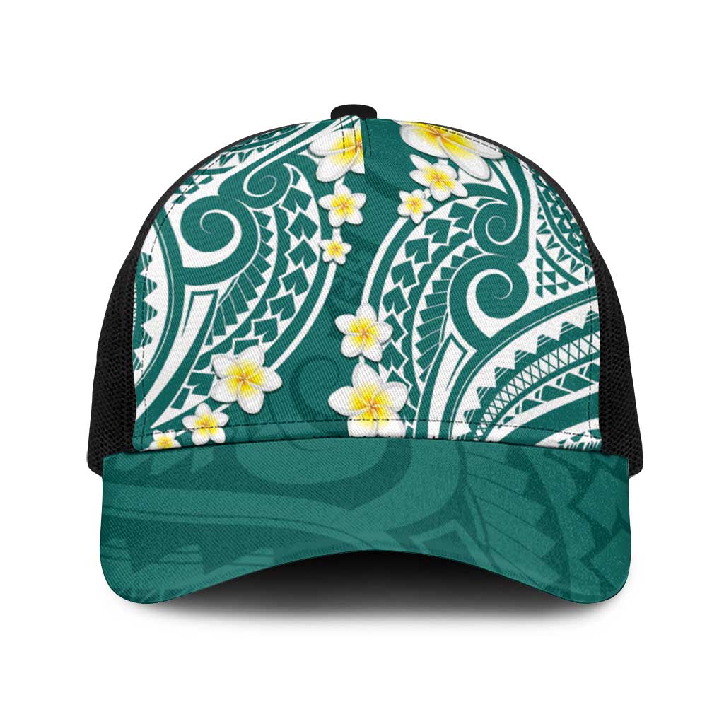 Plumeria With Teal Polynesian Tattoo Pattern Baseball Net Cap - Polynesian Pride
