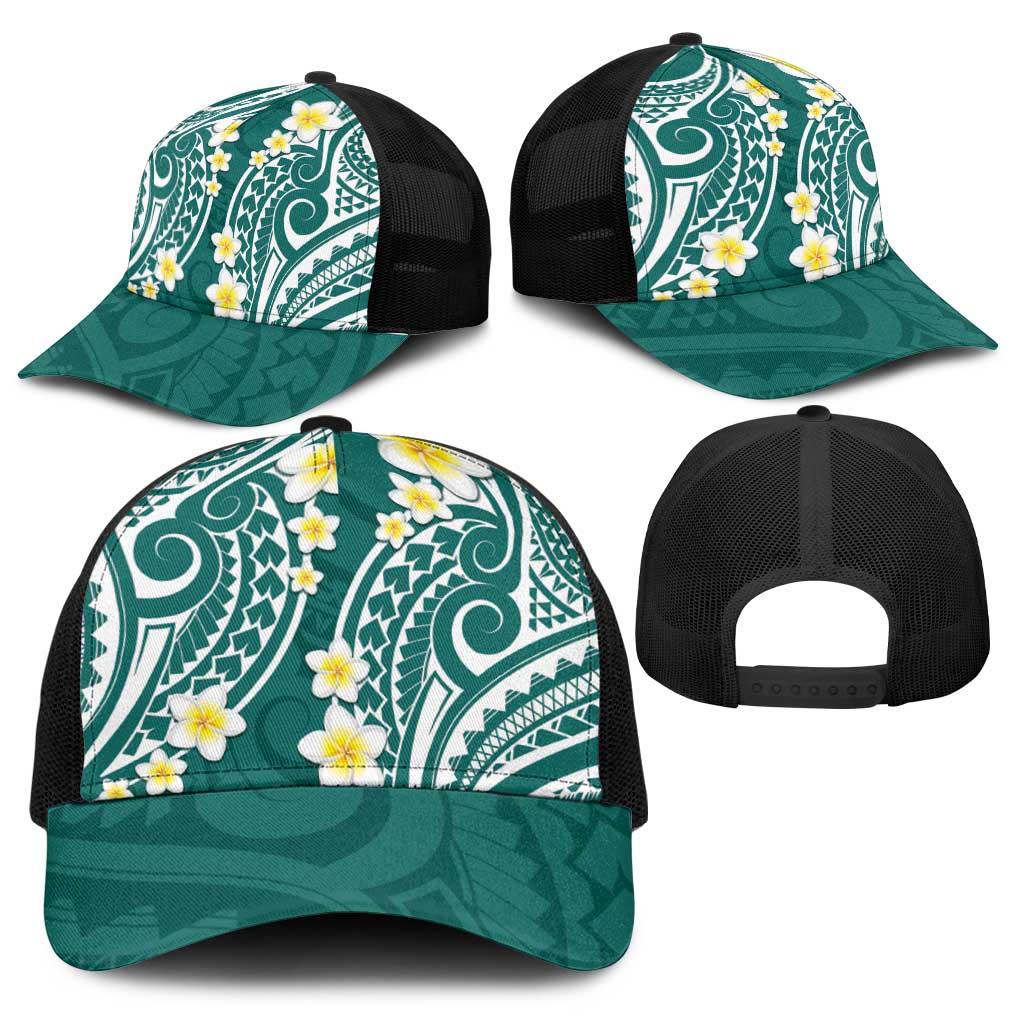 Plumeria With Teal Polynesian Tattoo Pattern Baseball Net Cap - Polynesian Pride