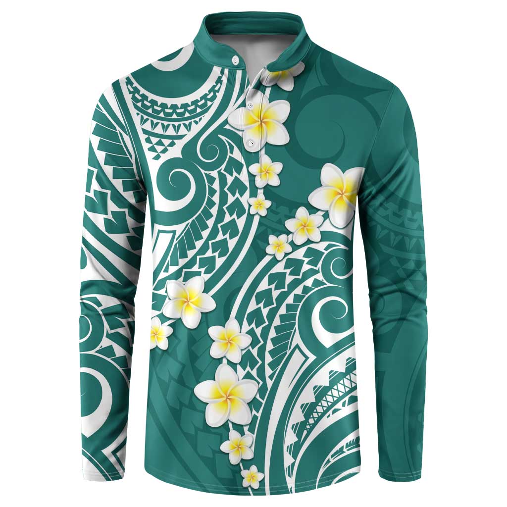 Plumeria With Teal Polynesian Tattoo Pattern Button Sweatshirt