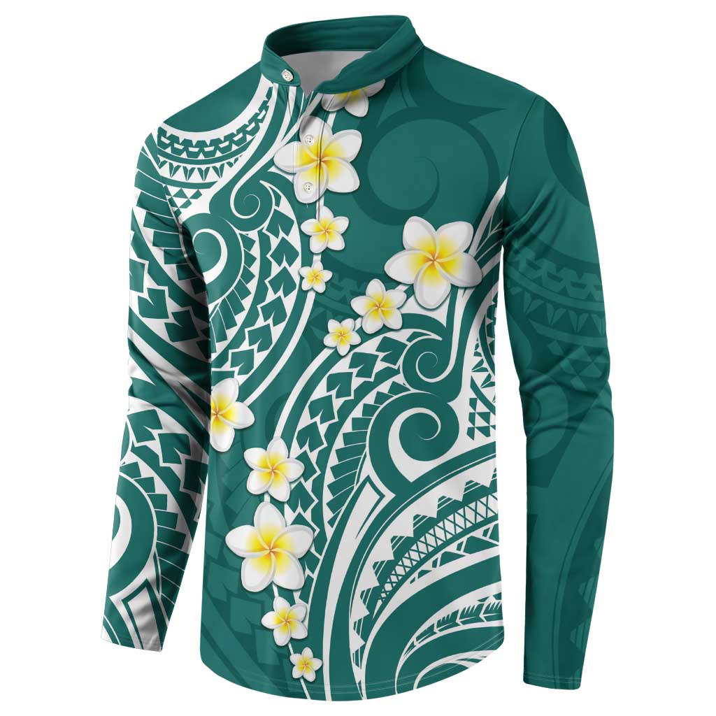 Plumeria With Teal Polynesian Tattoo Pattern Button Sweatshirt