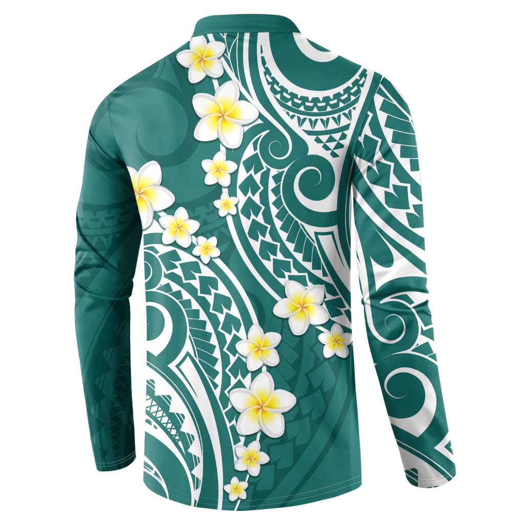 Plumeria With Teal Polynesian Tattoo Pattern Button Sweatshirt
