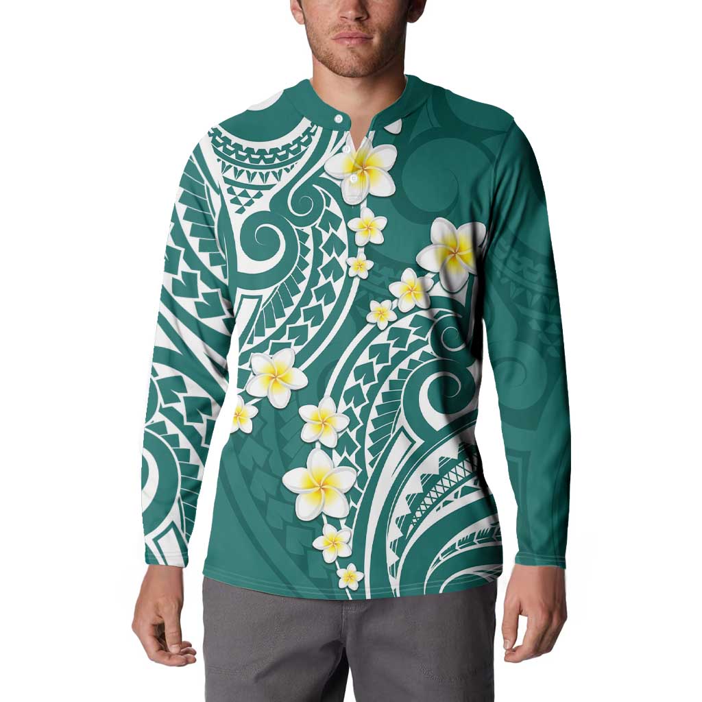 Plumeria With Teal Polynesian Tattoo Pattern Button Sweatshirt