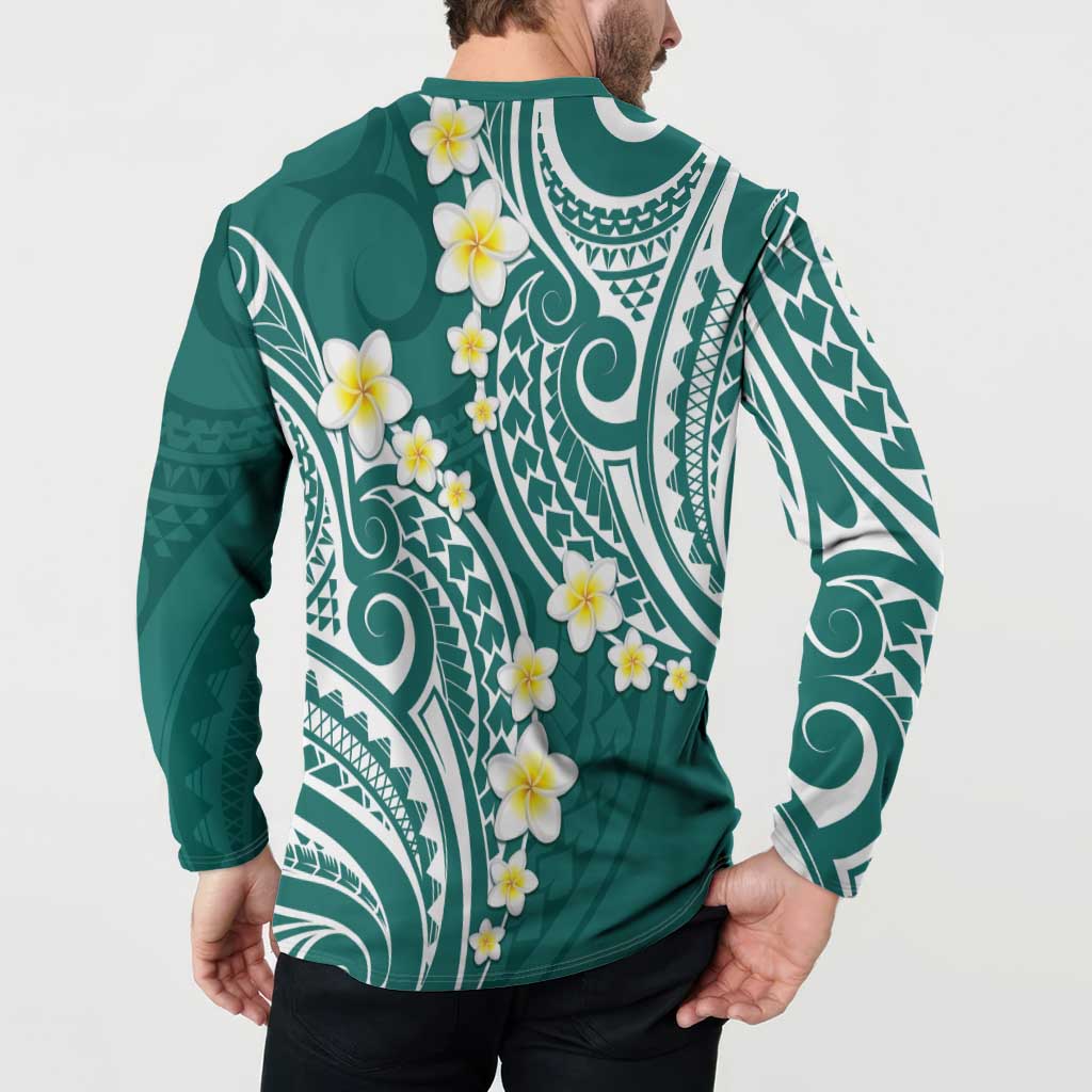 Plumeria With Teal Polynesian Tattoo Pattern Button Sweatshirt