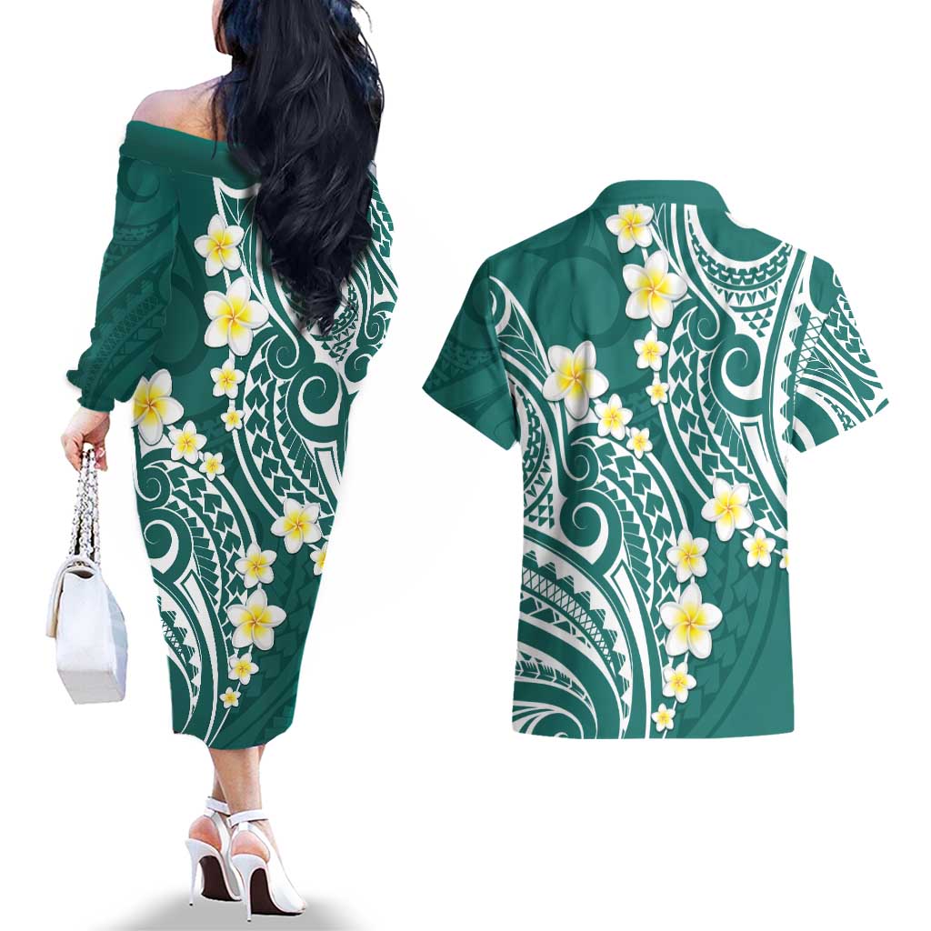 Plumeria With Teal Polynesian Tattoo Pattern Couples Matching Off The Shoulder Long Sleeve Dress and Hawaiian Shirt