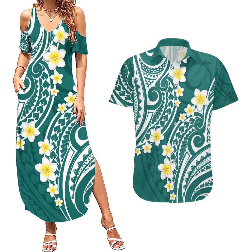 Plumeria With Teal Polynesian Tattoo Pattern Couples Matching Summer Maxi Dress and Hawaiian Shirt
