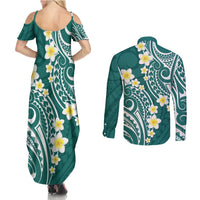 Plumeria With Teal Polynesian Tattoo Pattern Couples Matching Summer Maxi Dress and Long Sleeve Button Shirt