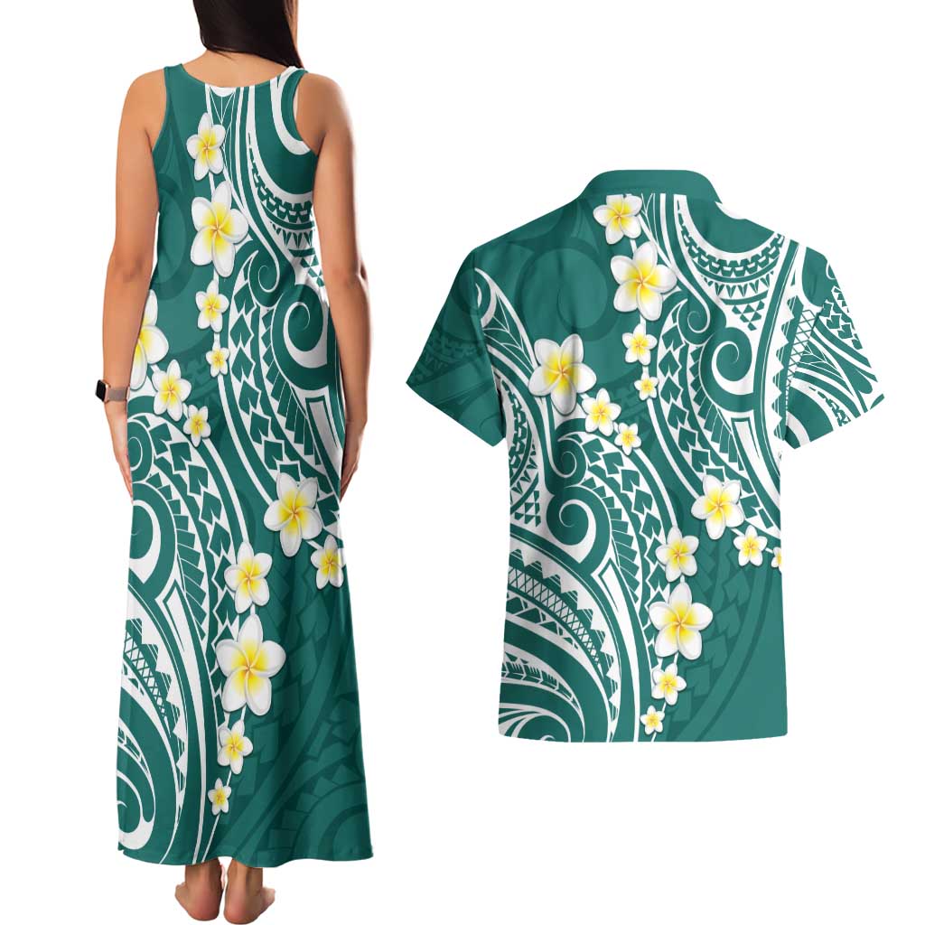 Plumeria With Teal Polynesian Tattoo Pattern Couples Matching Tank Maxi Dress and Hawaiian Shirt