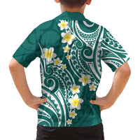 Plumeria With Teal Polynesian Tattoo Pattern Family Matching Long Sleeve Bodycon Dress and Hawaiian Shirt