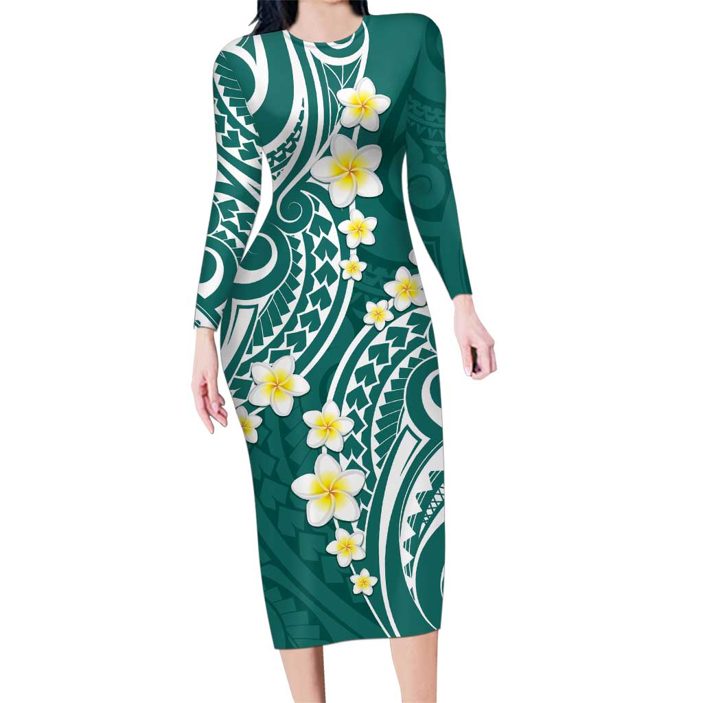 Plumeria With Teal Polynesian Tattoo Pattern Family Matching Long Sleeve Bodycon Dress and Hawaiian Shirt