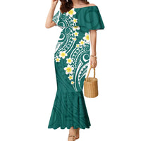 Plumeria With Teal Polynesian Tattoo Pattern Family Matching Mermaid Dress and Hawaiian Shirt LT05 Mom's Dress Teal - Polynesian Pride