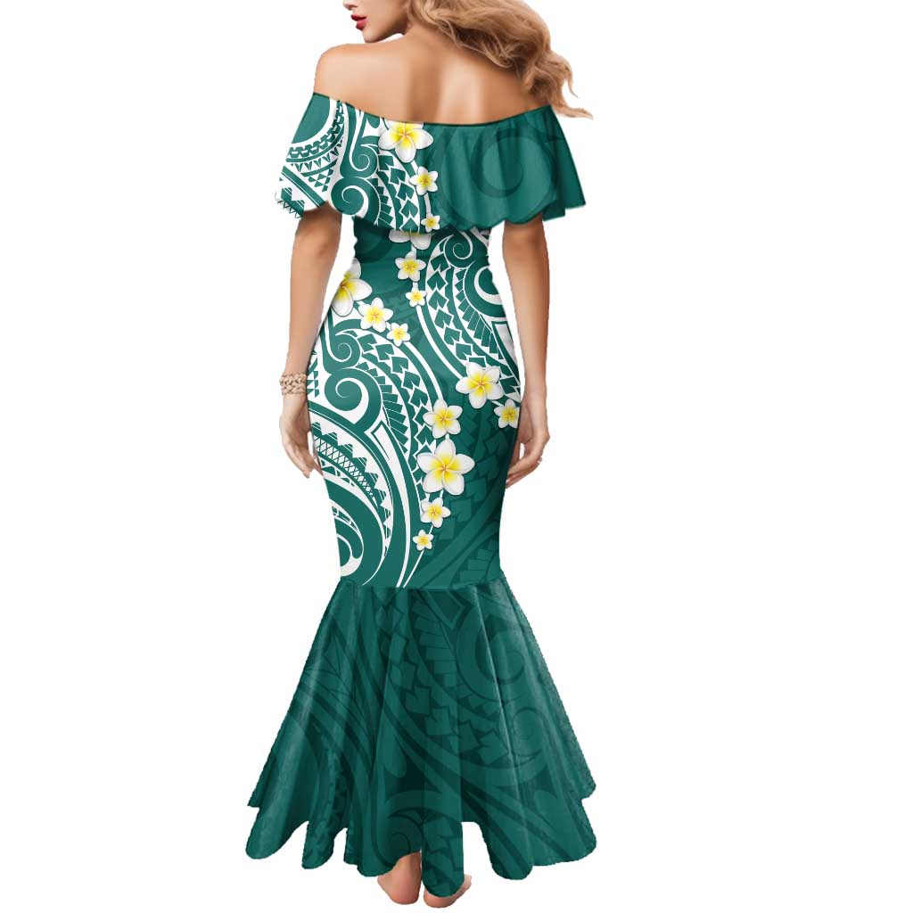 Plumeria With Teal Polynesian Tattoo Pattern Family Matching Mermaid Dress and Hawaiian Shirt LT05 - Polynesian Pride