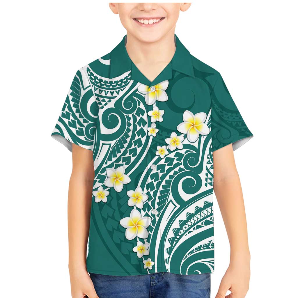 Plumeria With Teal Polynesian Tattoo Pattern Family Matching Mermaid Dress and Hawaiian Shirt LT05 Son's Shirt Teal - Polynesian Pride