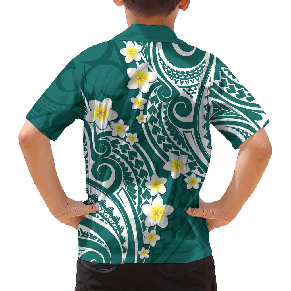 Plumeria With Teal Polynesian Tattoo Pattern Family Matching Off Shoulder Maxi Dress and Hawaiian Shirt LT05 - Polynesian Pride