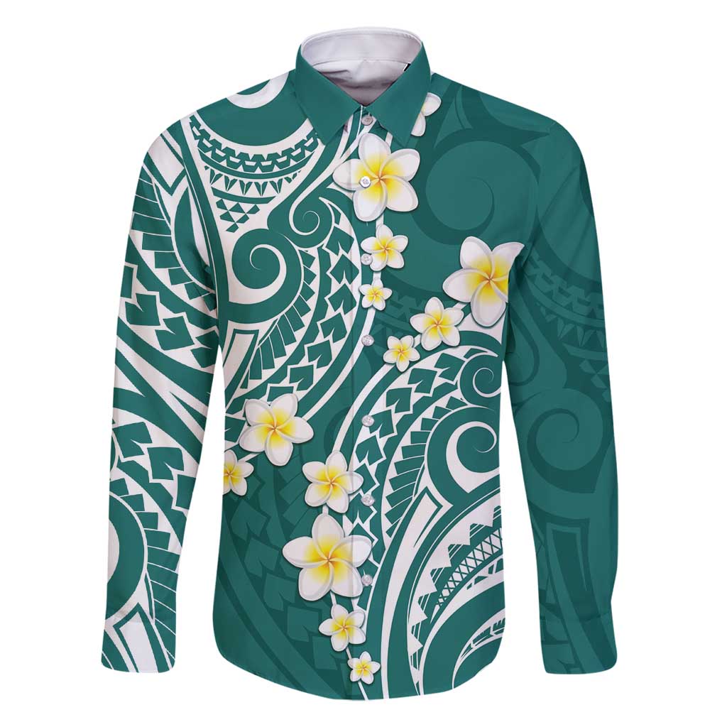 Plumeria With Teal Polynesian Tattoo Pattern Family Matching Off Shoulder Maxi Dress and Hawaiian Shirt LT05 Dad's Shirt - Long Sleeve Teal - Polynesian Pride