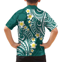 Plumeria With Teal Polynesian Tattoo Pattern Family Matching Short Sleeve Bodycon Dress and Hawaiian Shirt LT05 - Polynesian Pride