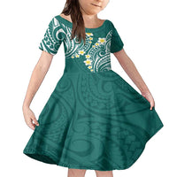 Plumeria With Teal Polynesian Tattoo Pattern Family Matching Short Sleeve Bodycon Dress and Hawaiian Shirt LT05 Daughter's Dress Teal - Polynesian Pride