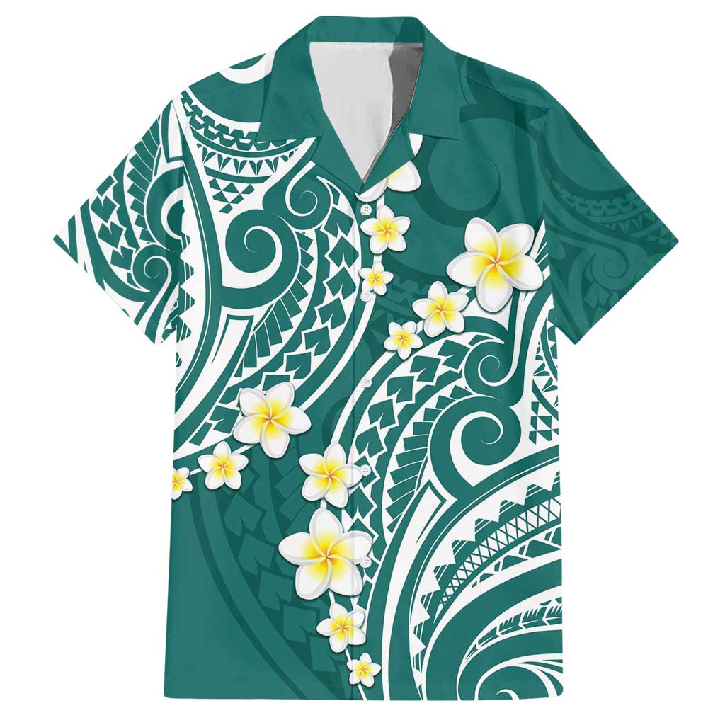 Plumeria With Teal Polynesian Tattoo Pattern Family Matching Short Sleeve Bodycon Dress and Hawaiian Shirt LT05 Dad's Shirt - Short Sleeve Teal - Polynesian Pride