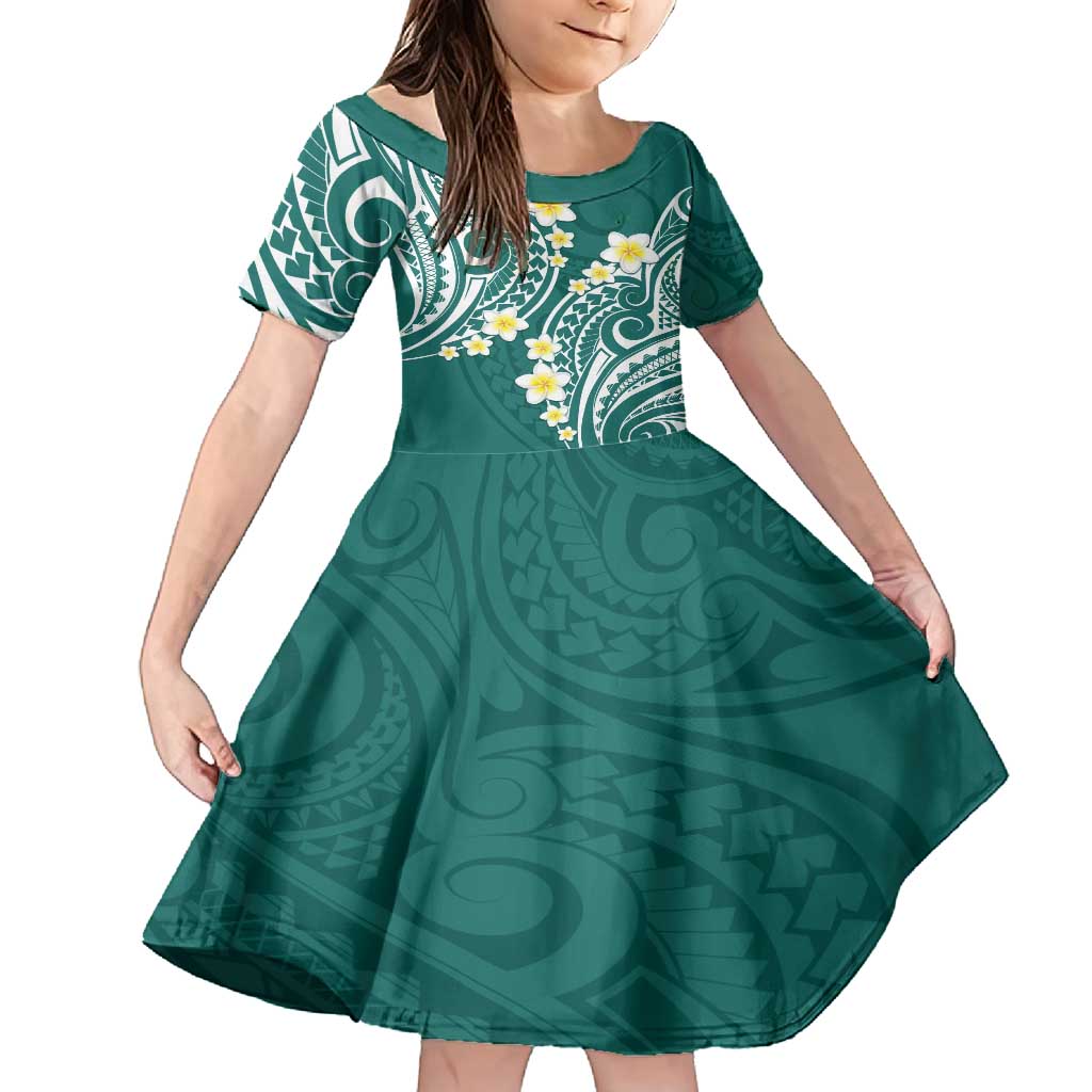 Plumeria With Teal Polynesian Tattoo Pattern Family Matching Summer Maxi Dress and Hawaiian Shirt LT05 Daughter's Dress Teal - Polynesian Pride
