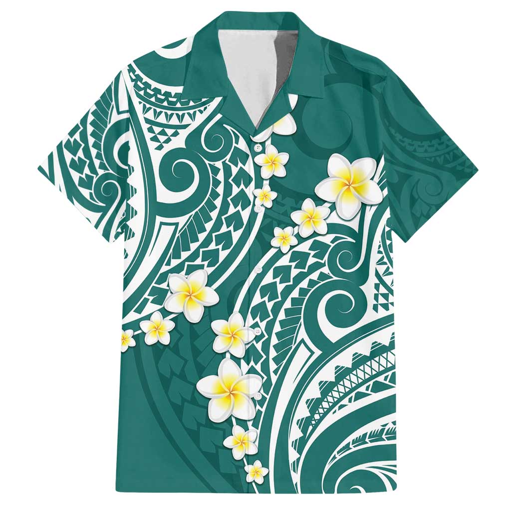 Plumeria With Teal Polynesian Tattoo Pattern Family Matching Summer Maxi Dress and Hawaiian Shirt LT05 Dad's Shirt - Short Sleeve Teal - Polynesian Pride