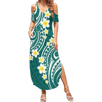 Plumeria With Teal Polynesian Tattoo Pattern Family Matching Summer Maxi Dress and Hawaiian Shirt LT05 Mom's Dress Teal - Polynesian Pride