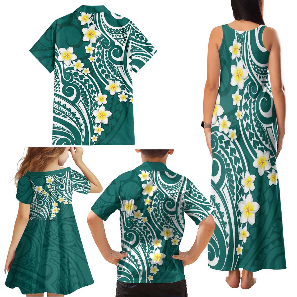 Plumeria With Teal Polynesian Tattoo Pattern Family Matching Tank Maxi Dress and Hawaiian Shirt LT05 - Polynesian Pride
