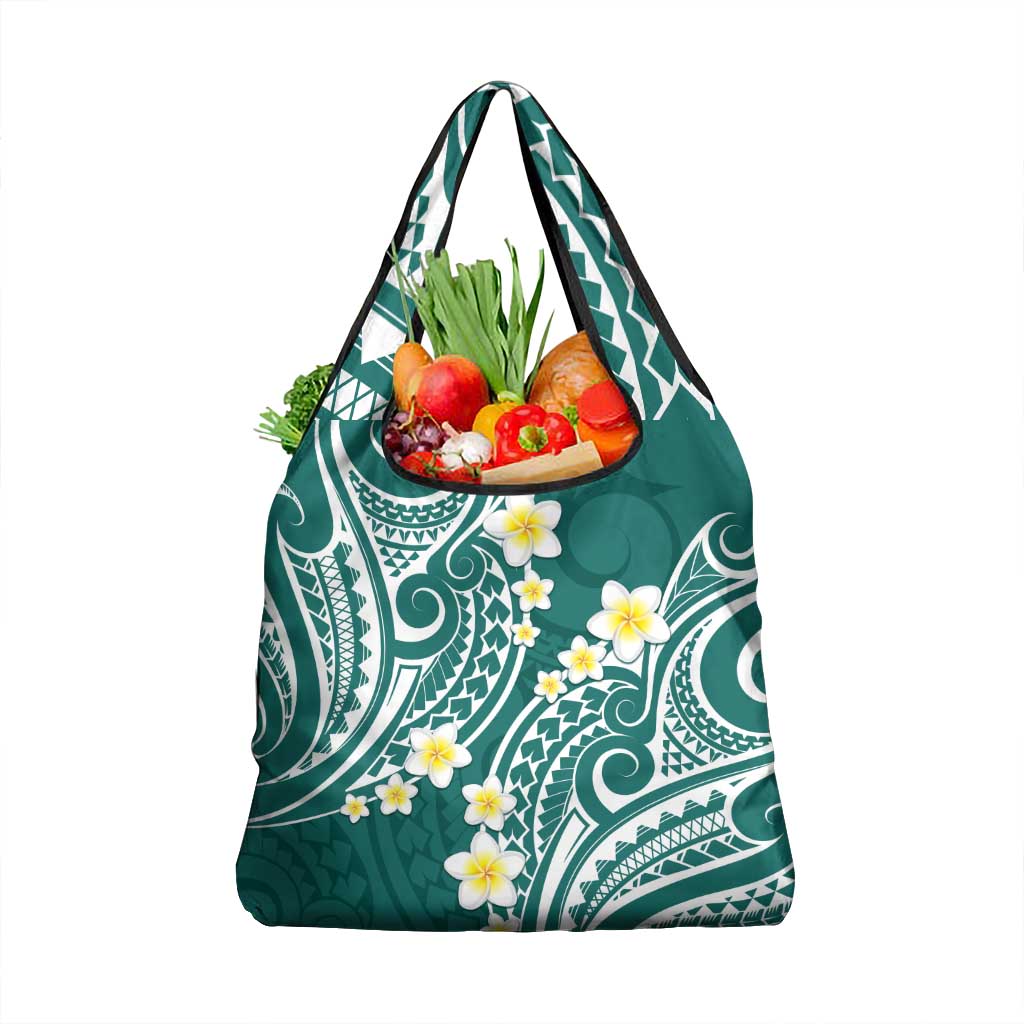 Plumeria With Teal Polynesian Tattoo Pattern Grocery Bag