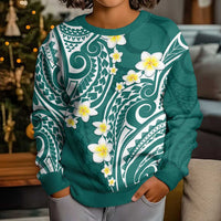 Plumeria With Teal Polynesian Tattoo Pattern Kid Ugly Christmas Sweater
