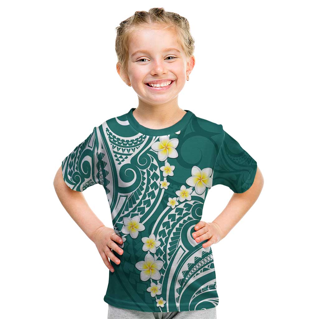 Plumeria With Teal Polynesian Tattoo Pattern Kid T Shirt LT05 Teal - Polynesian Pride