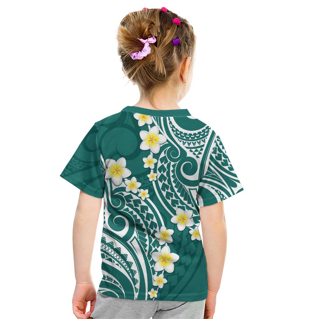 Plumeria With Teal Polynesian Tattoo Pattern Kid T Shirt LT05 - Polynesian Pride