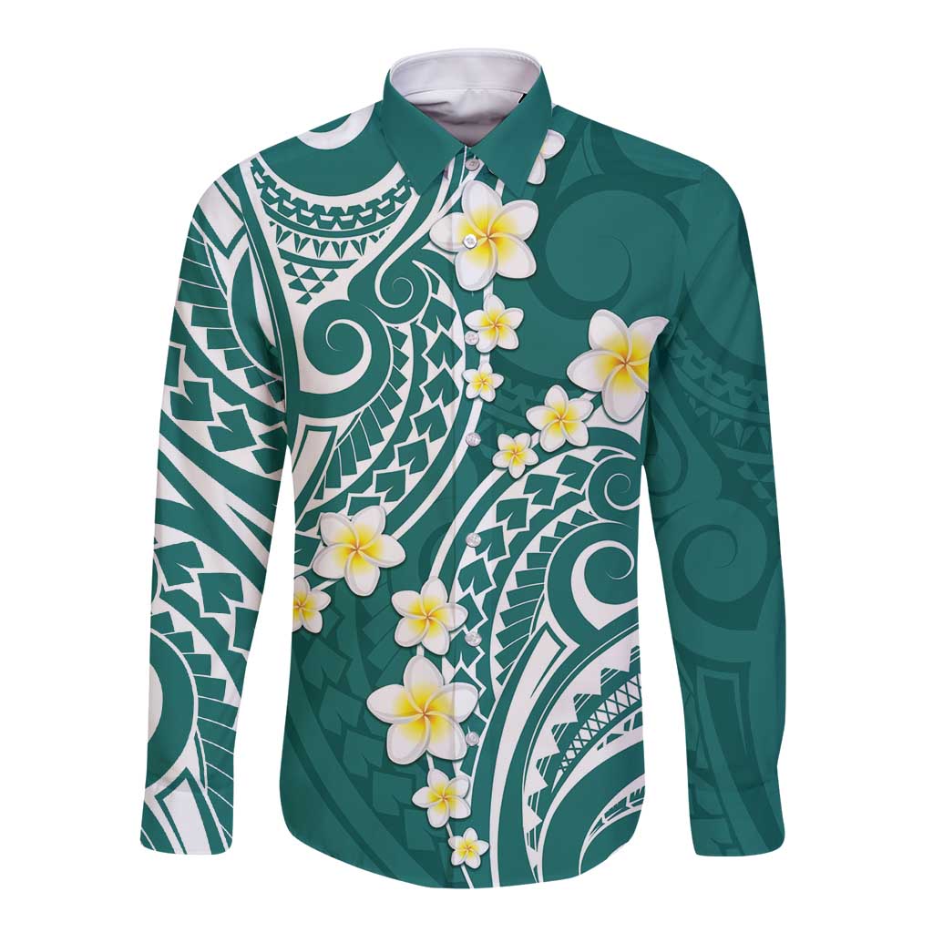 Plumeria With Teal Polynesian Tattoo Pattern Long Sleeve Button Shirt
