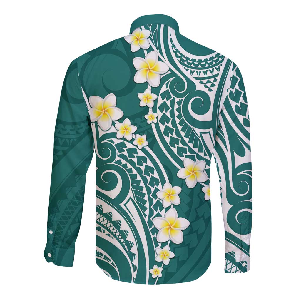 Plumeria With Teal Polynesian Tattoo Pattern Long Sleeve Button Shirt