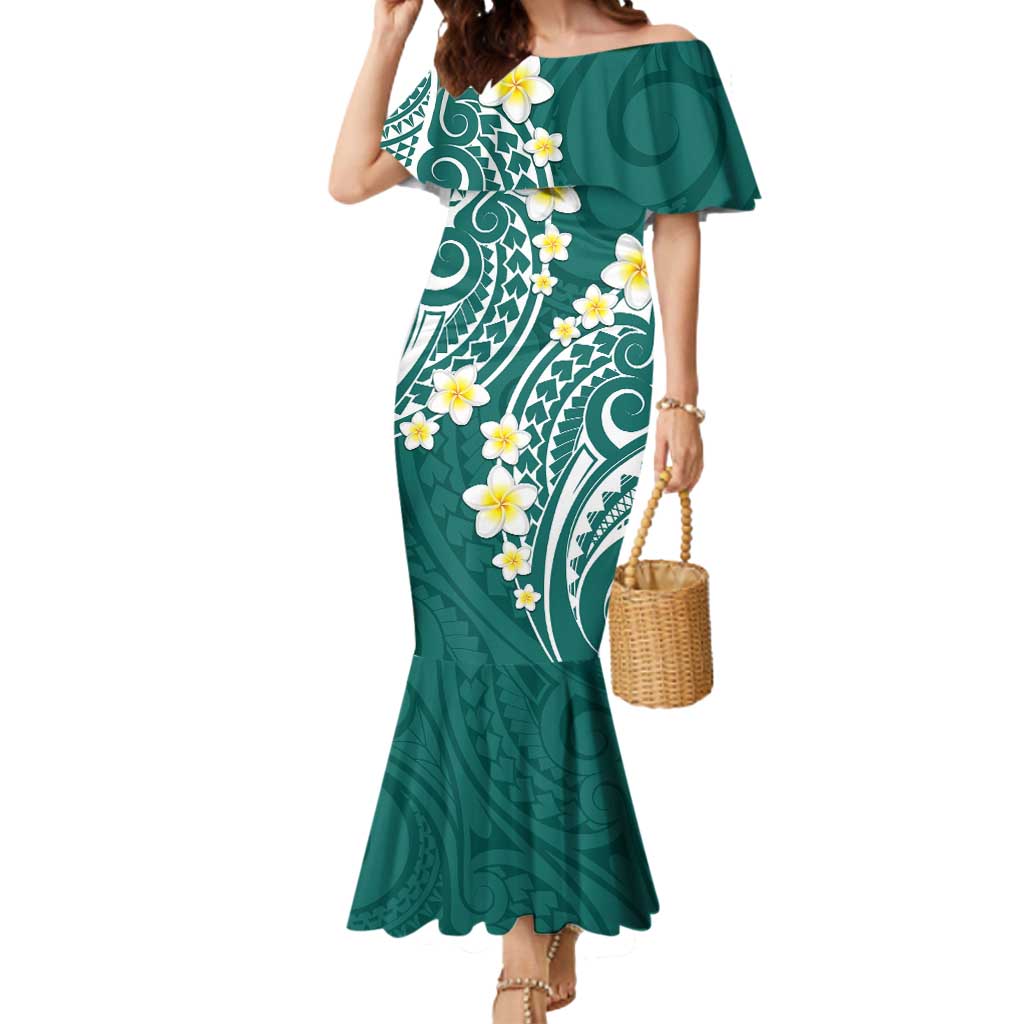 Plumeria With Teal Polynesian Tattoo Pattern Mermaid Dress LT05 Women Teal - Polynesian Pride