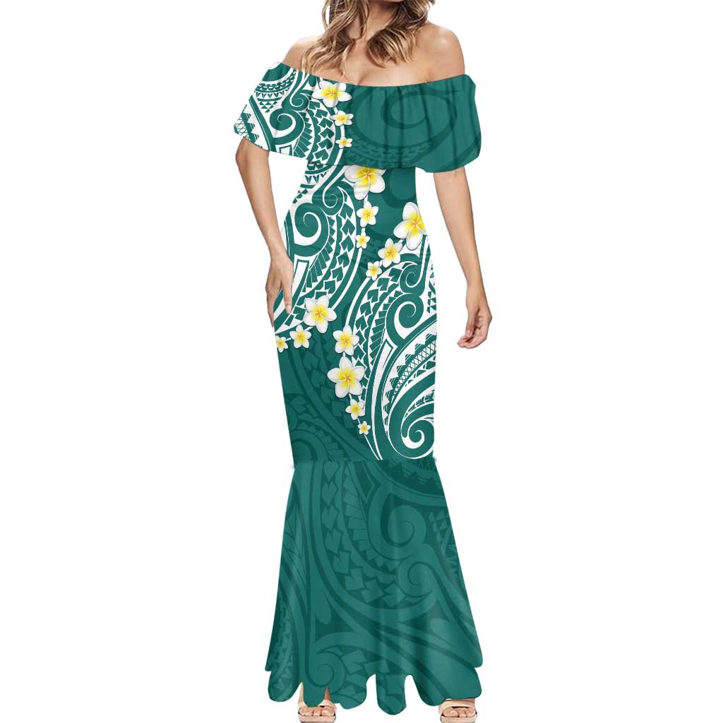 Plumeria With Teal Polynesian Tattoo Pattern Mermaid Dress LT05 - Polynesian Pride