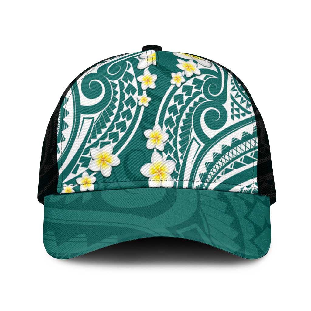Plumeria With Teal Polynesian Tattoo Pattern Mesh Trucker Cap - Polynesian Pride