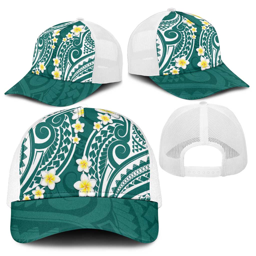 Plumeria With Teal Polynesian Tattoo Pattern Mesh Trucker Cap - Polynesian Pride
