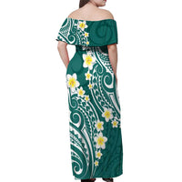 Plumeria With Teal Polynesian Tattoo Pattern Off Shoulder Maxi Dress